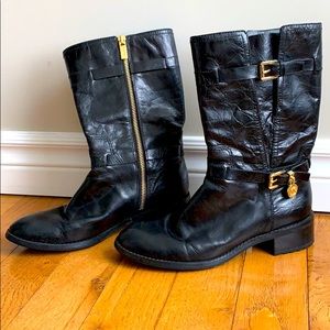 MICHAEL KORS Black Leather Gold Buckle Boot